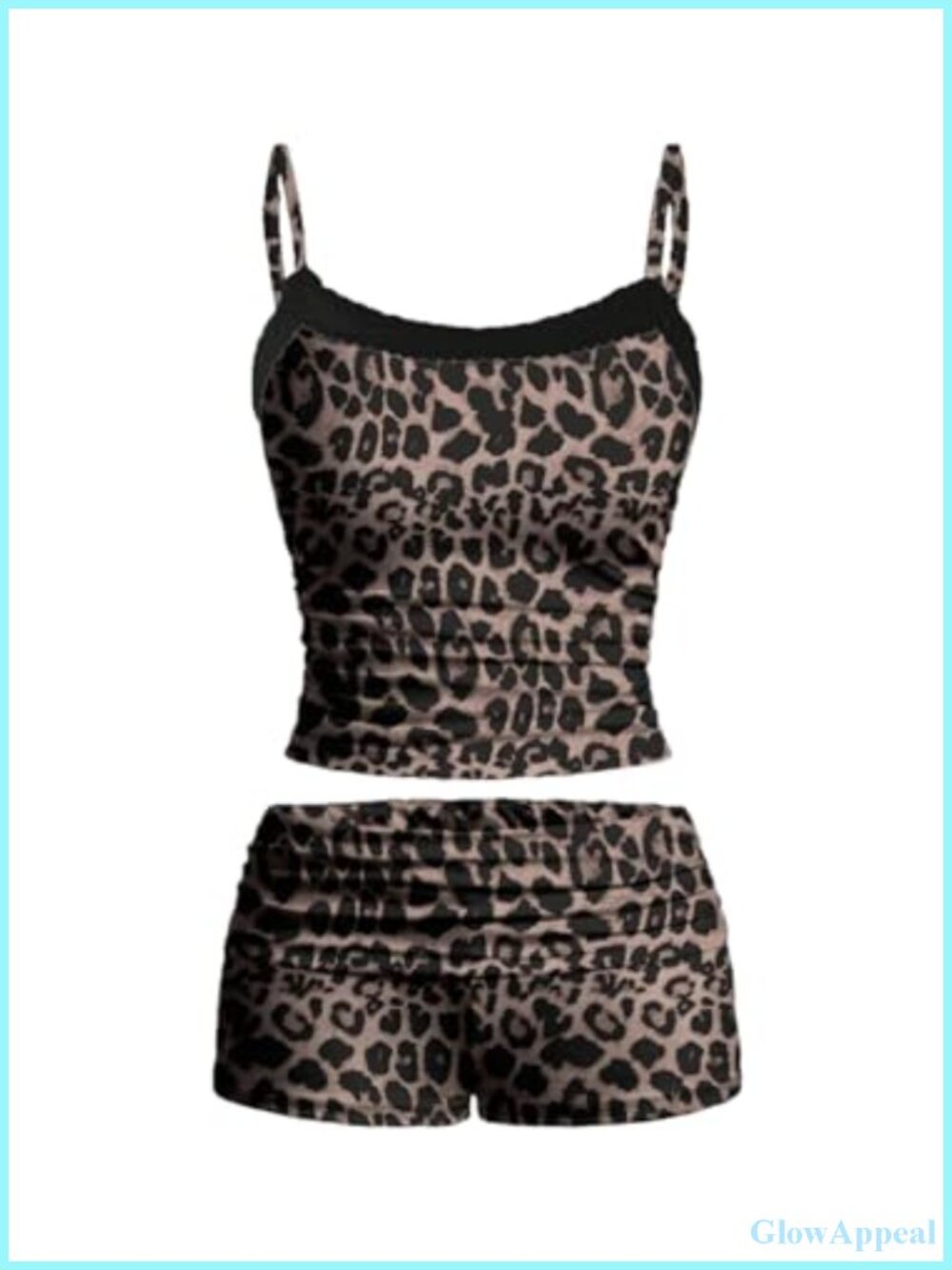 2 Piece Pajama Set Leopard Print Lace Trim Cami Crop Top Ruched Shorts